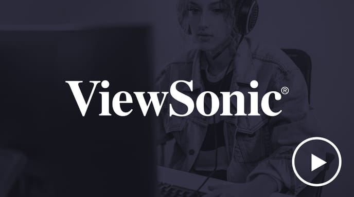 Woman gamer wearing headphones and looking concentrated at her computer with a gray wash over and the ViewSonic logo in the middle and a play button in the corner