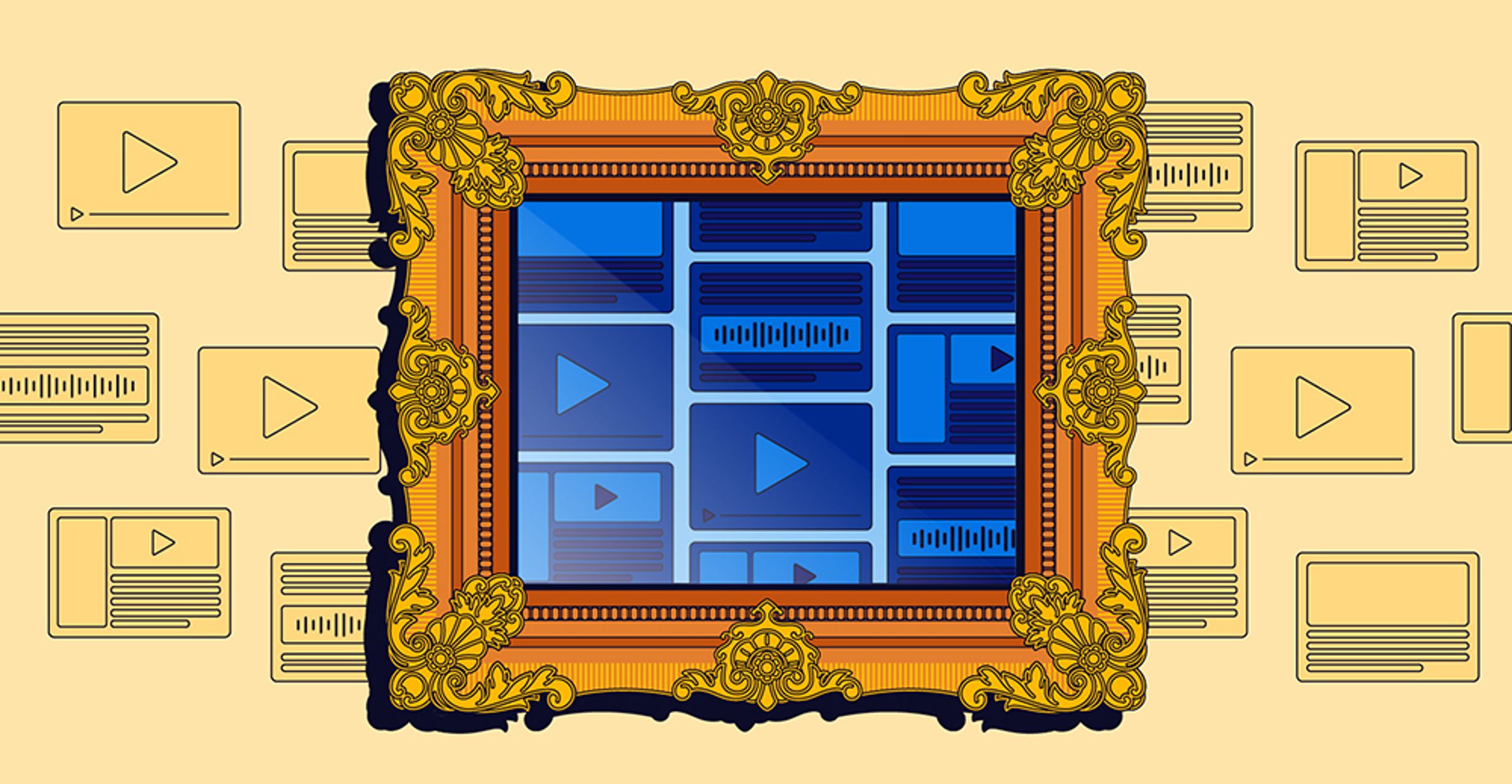 A group of ads are displayed on a wall. An ornate frame outlines and highlights a section of the ads, indicating that the ad opportunities within the frame have been selected as the most valuable opportunities.