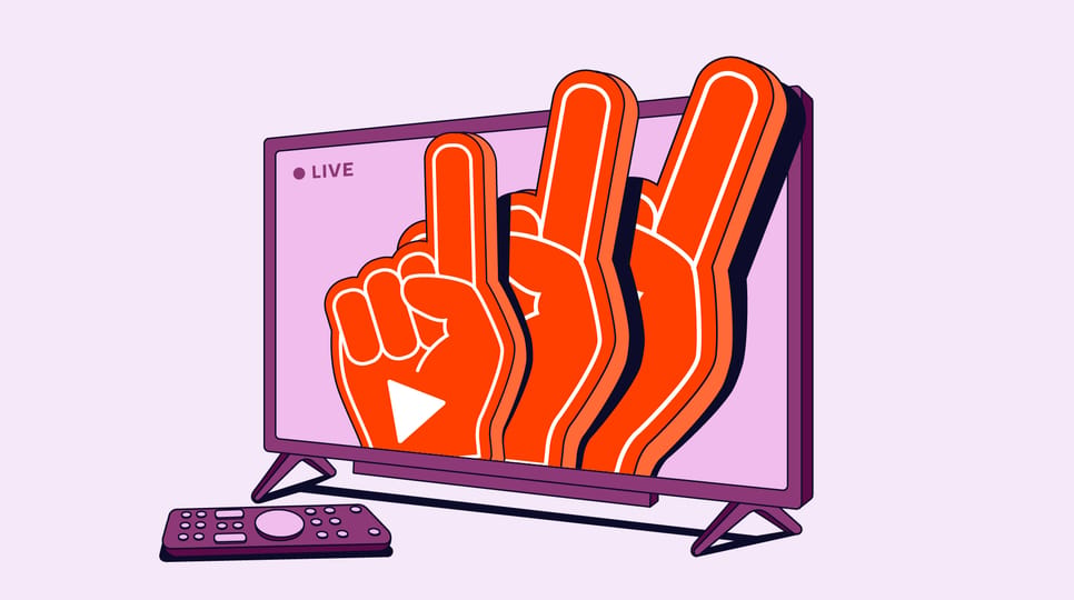 An illustration of a TV with foam fingers on screen.
