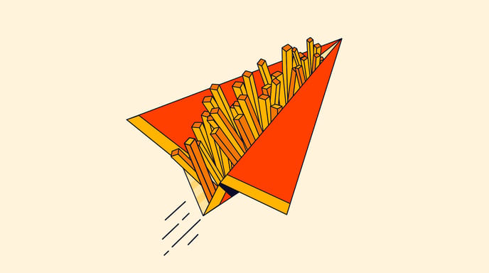 Illustration of a red paper airplane filled with French fries, flying upwards.