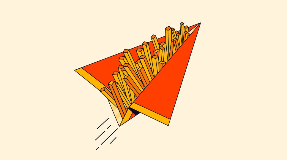 Illustration of a red paper airplane filled with French fries, flying upwards.