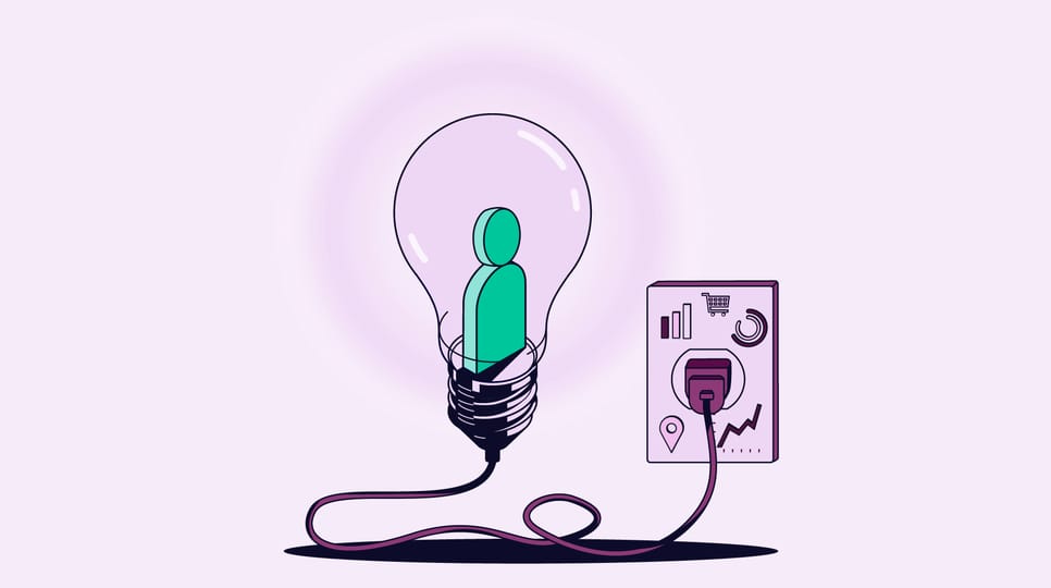 Illustration showing a lightbulb that's plugged into the wall. Inside the bulb, there's an audience icon and the outlet contains various data