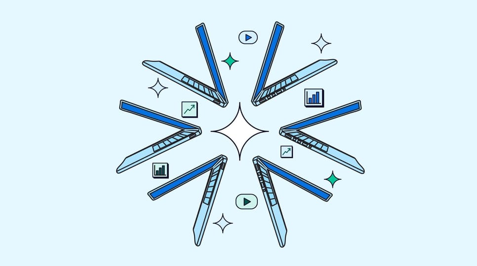 Laptops, media formats, AI sparkles, and data form the shape of a snowflake.