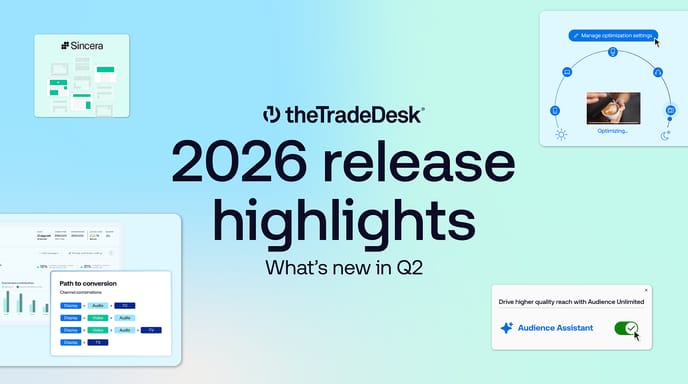 The Trade Deskの2026年第2四半期リリースハイライトを宣伝するイラスト。オーディエンス最適化、コンバージョンパス分析、オーディエンスアシスタントツールの製品インターフェースのプレビューが紹介されている。