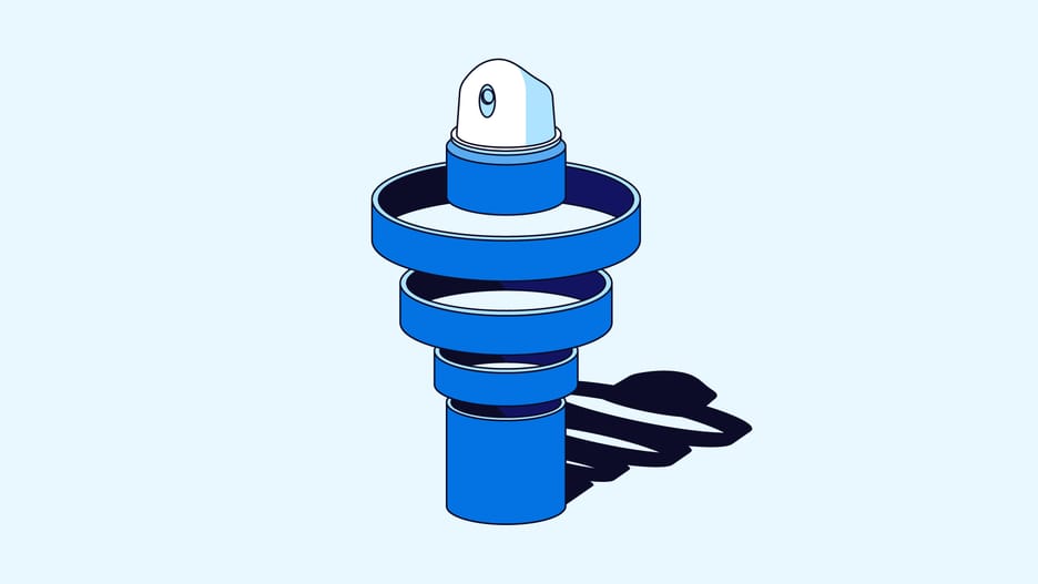 Illustrated blue mechanical component with stacked circular rings and a cylindrical base casting a shadow on a light background.