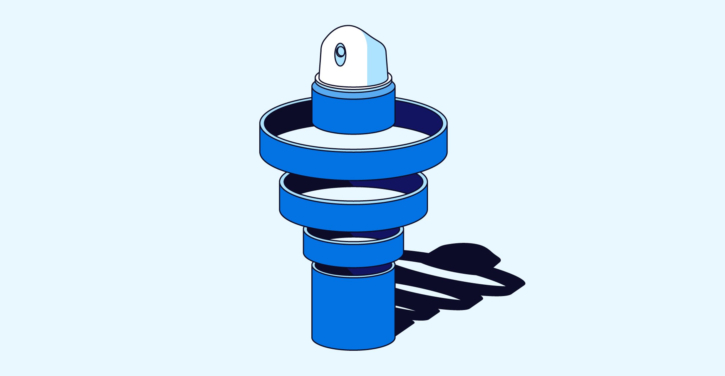 Illustrated blue mechanical component with stacked circular rings and a cylindrical base casting a shadow on a light background.