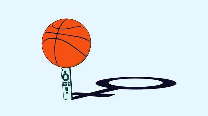 Blue graphic of a basketball balancing on a tv remote with The Trade Desk logo in the top left corner