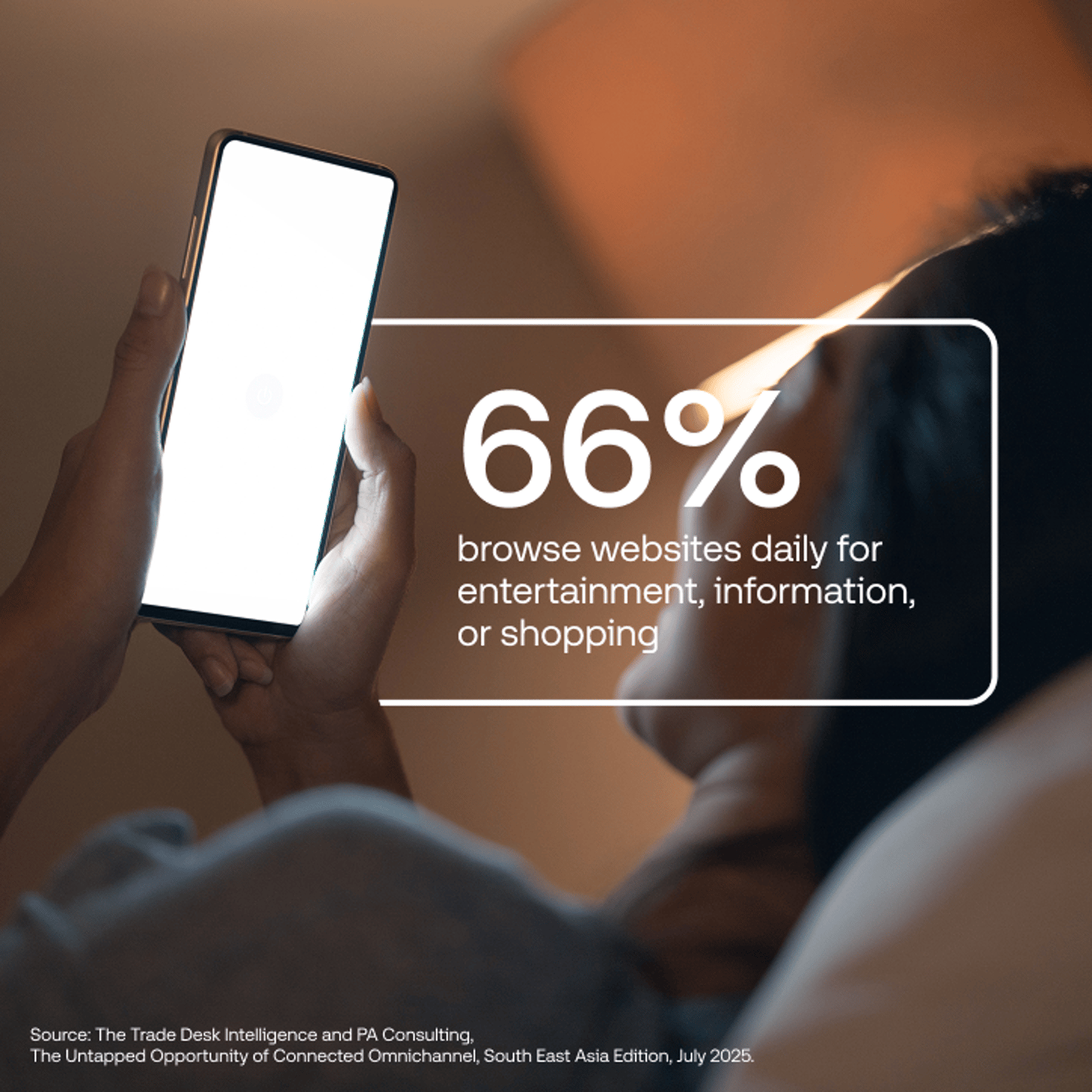 Data vis with a person on their phone in the background and a stat in white text over top