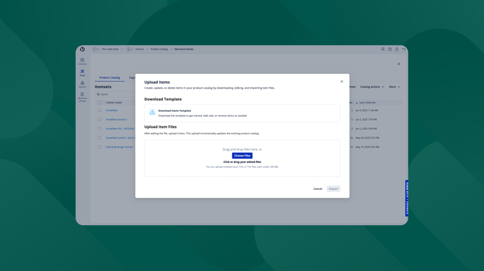 Product catalog management interface showing an “Upload Items” modal with options to download a template and upload files to update catalog items.