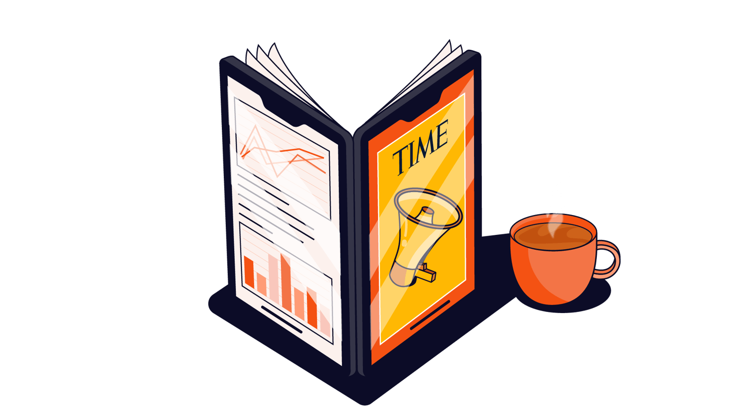 Illustration of a magazine/iPad hybrid displaying charts on one page and a megaphone icon on the other, next to a steaming coffee mug.