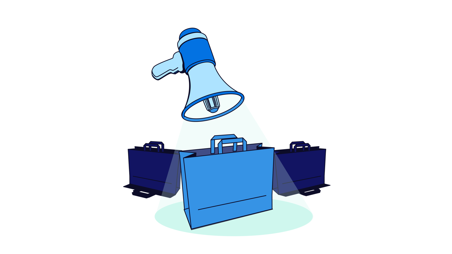 llustration of megaphone above briefcases, symbolizing brand messaging and business decision influence.