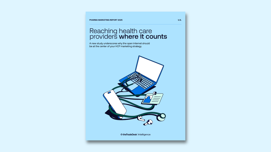 Cover of Pharma Marketing Report 2025 with illustration of a laptop, smartphone, stethoscope, ID badge, and earbuds highlighting strategies to reach health care providers.