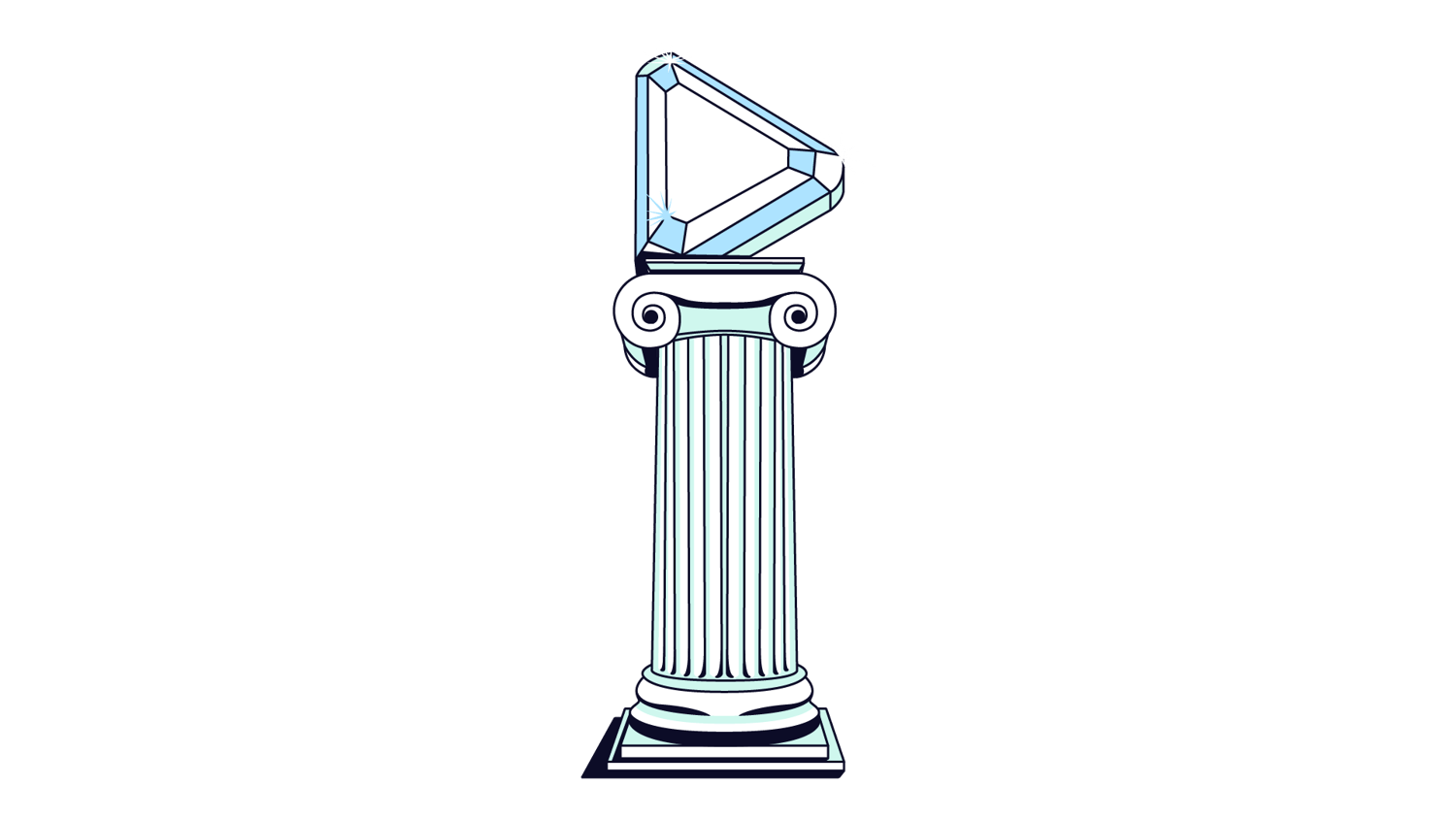 Classical pillar with a play icon at the top, representing digital media, video content, or advertising.